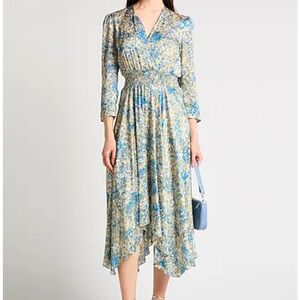 Maje Blue and Cream Floral Long Sleeve Dress